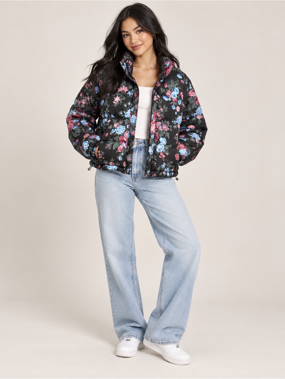 Old Navy XL Black Floral Puffer Jacket Pink Blue Roses Water Resistant